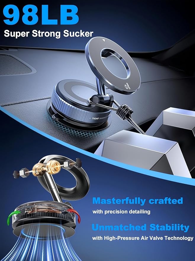 Pro Magnetic Car Phone Holder, 360° Rotation, Adjustable Arm, Strong Suction, Android, iPhone and Laptop Compatible | Universal Mobile Holder